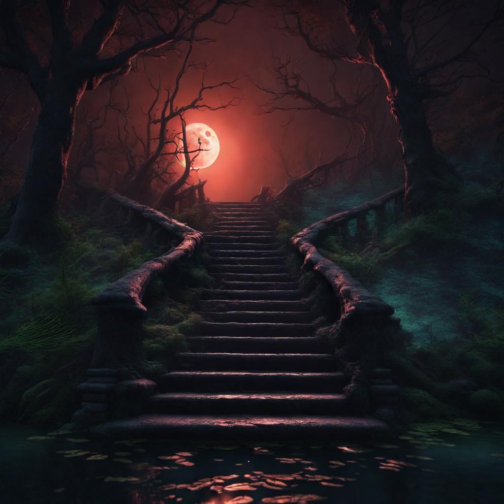 Eerie Stairway to Dark Lake in Moonlight