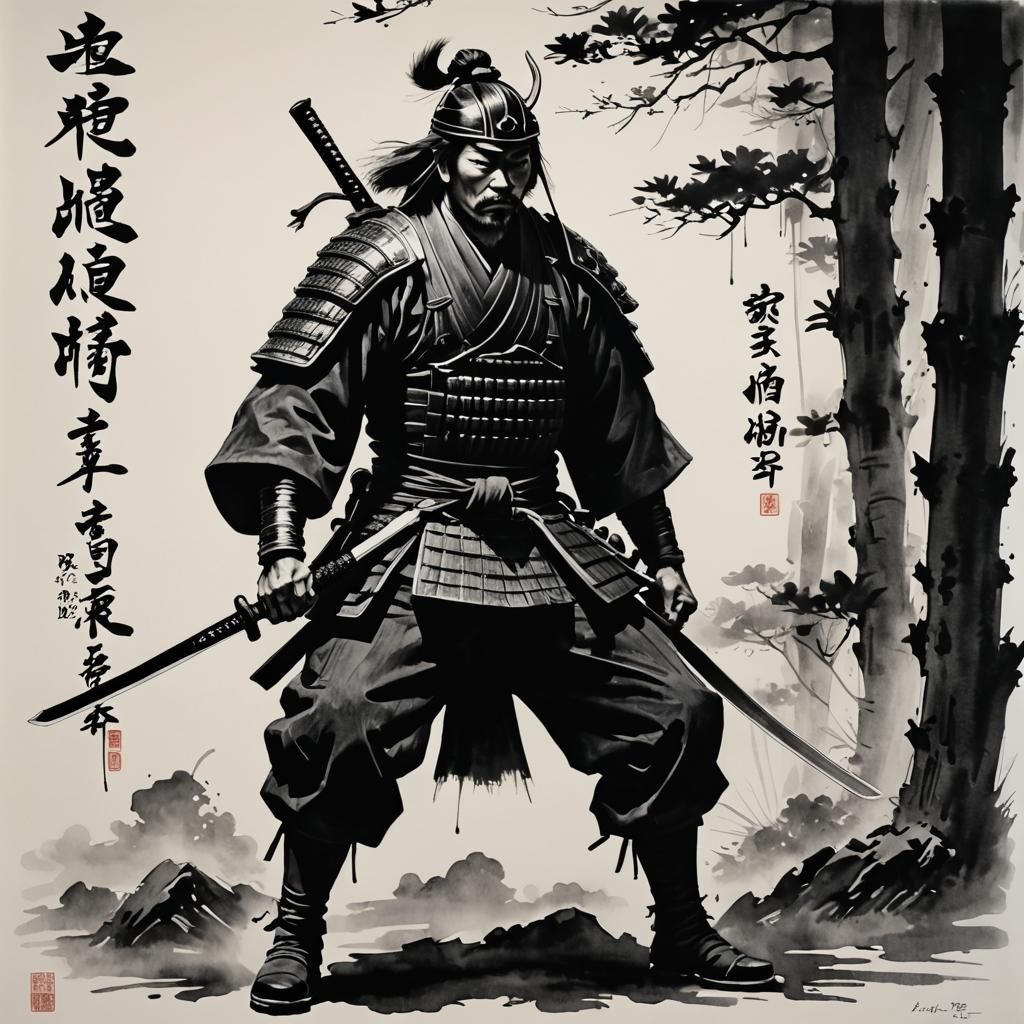 Monochrome Samurai with Calligraphy Art