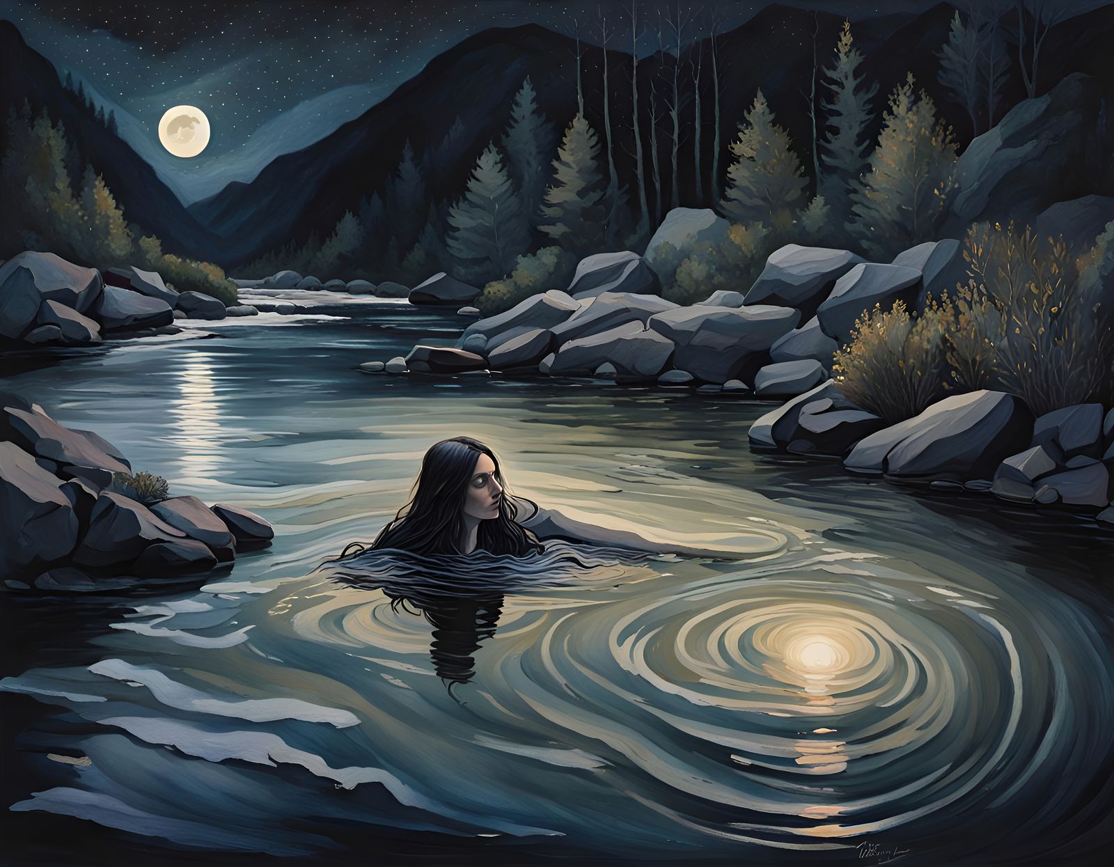 Submerged Woman in Mountain Stream: Gouache Watercolor