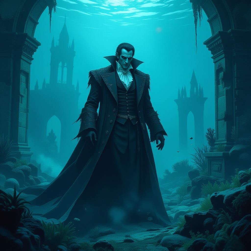 Gothic Dracula in Underwater City Ruins