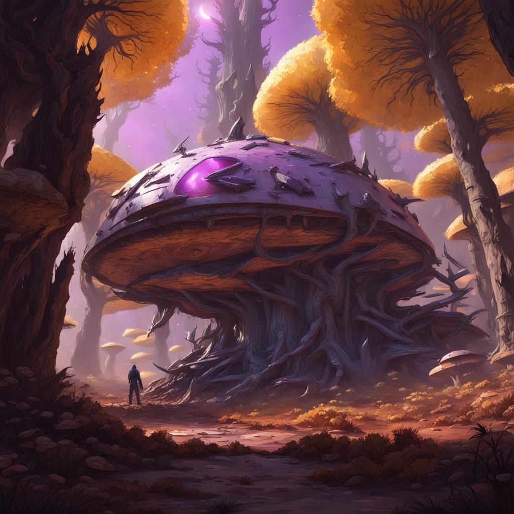 Crashed Spaceship in Mushroom Forest: Dark Fantasy Art