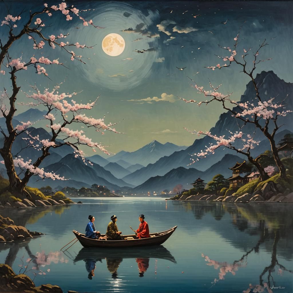 Romantic Chinese Couple Kissing on Lake at Night
