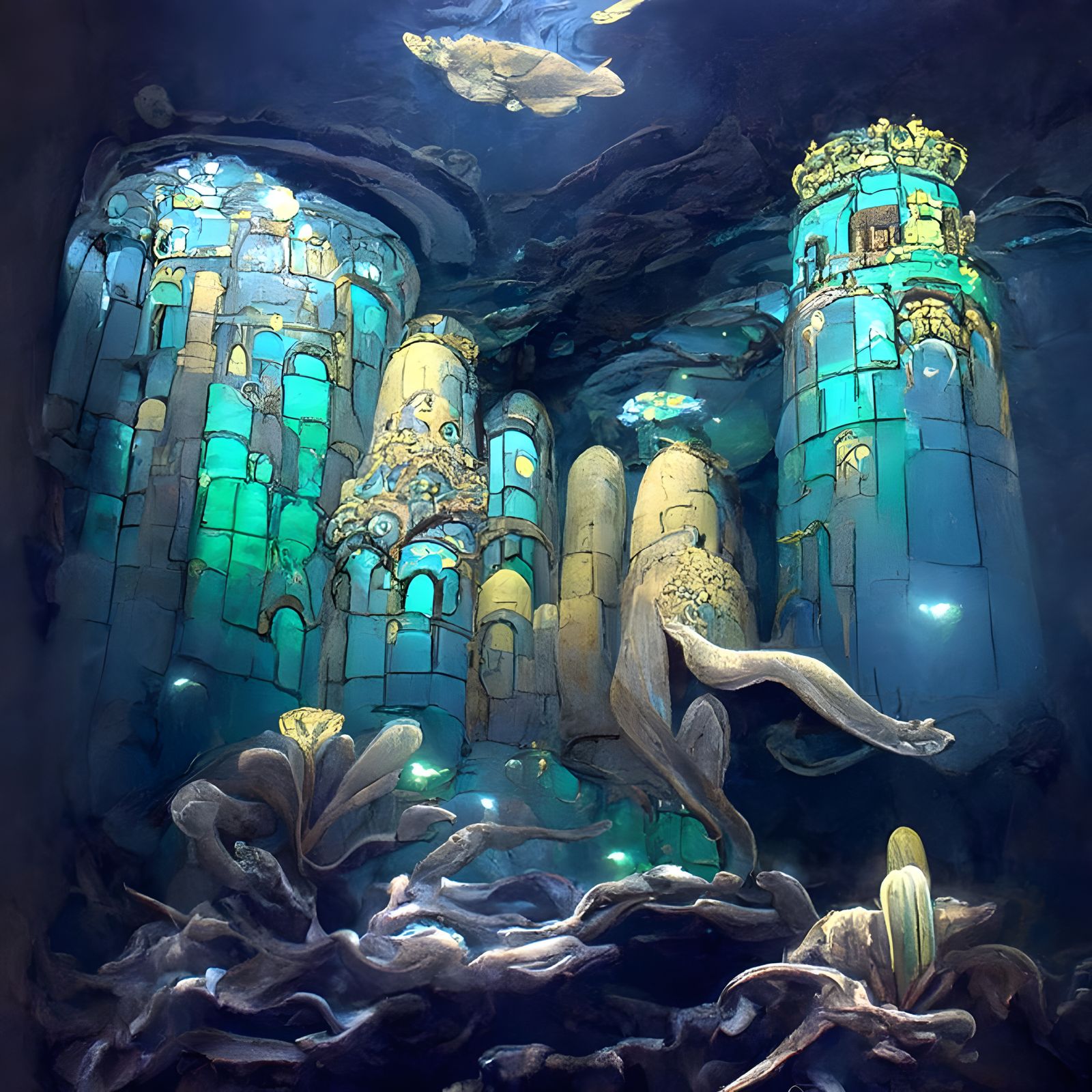 Ethereal Underwater Castle in Art Nouveau Style