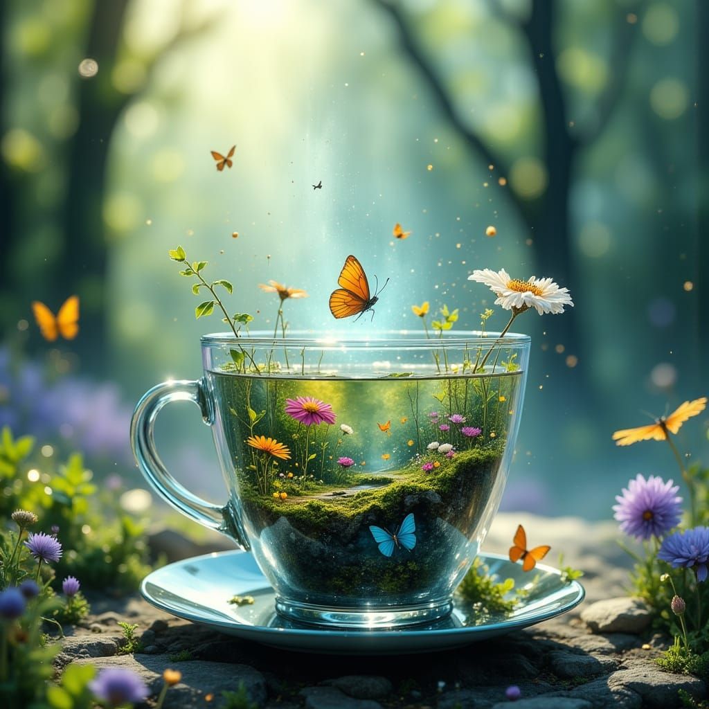 Teacup Garden with Butterflies in Ethereal Forest
