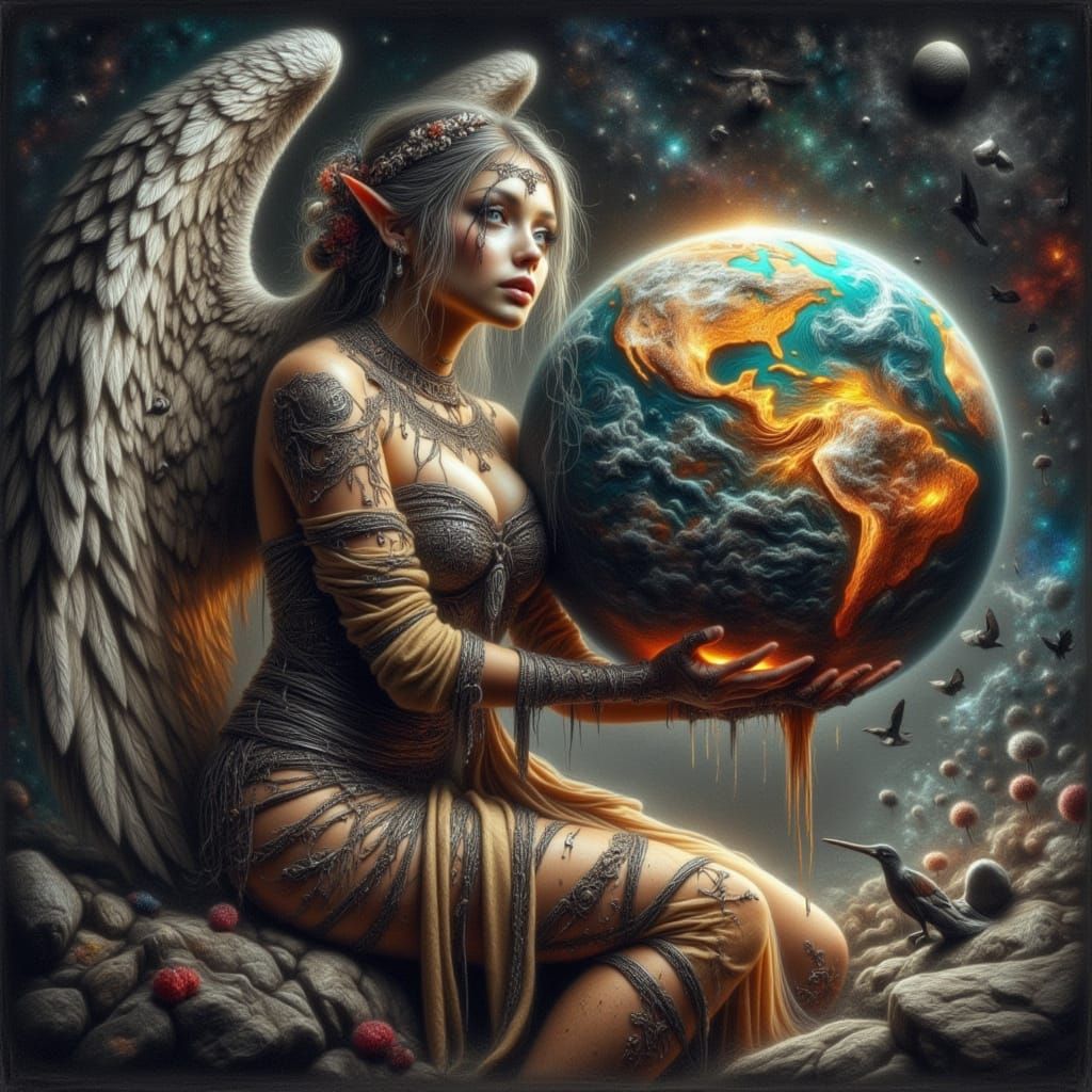 Fallen Angel with Earth in Gothic Dystopian Style