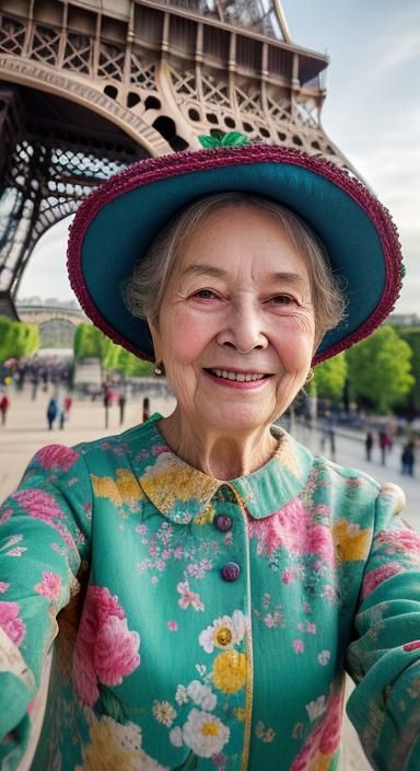 Impressionistic Old Lady Selfie by Eiffel Tower