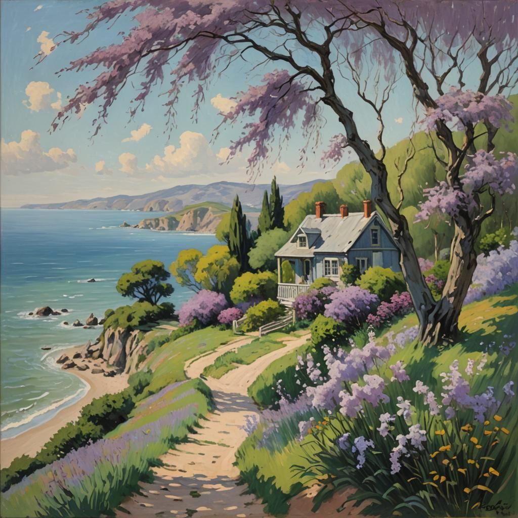 Idyllic Beach Cottage: Impressionist Landscape in Oil