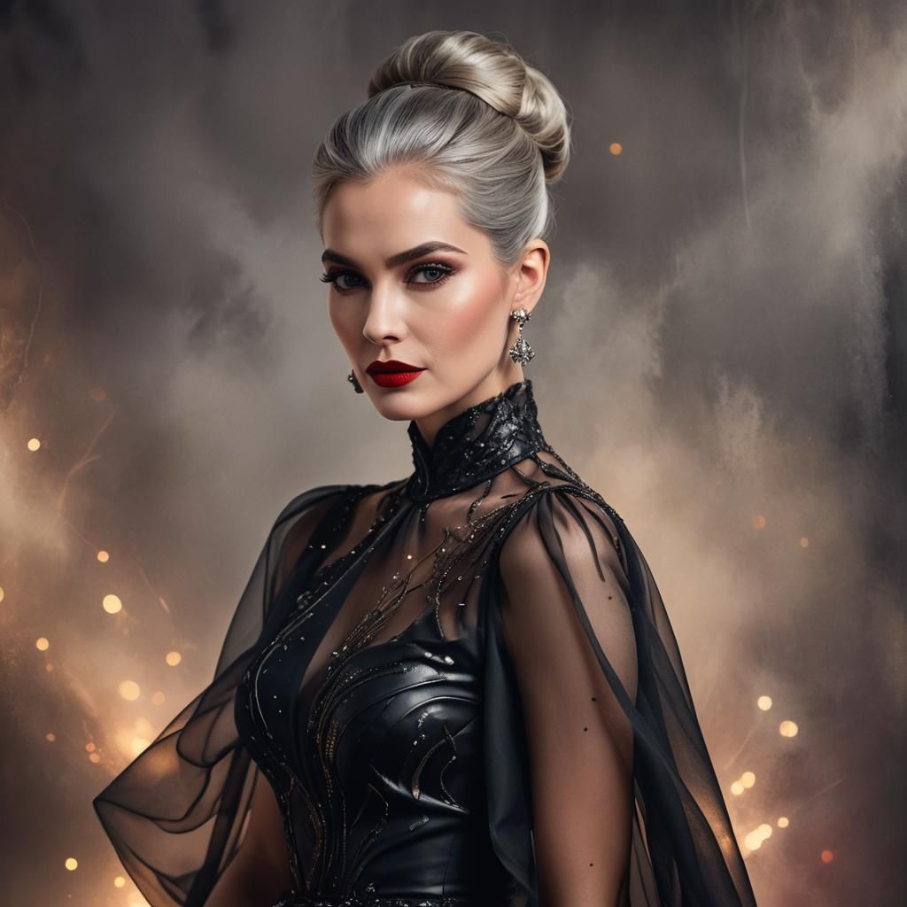 Elegant Woman in See-Through Gown, High-Fashion Portrait