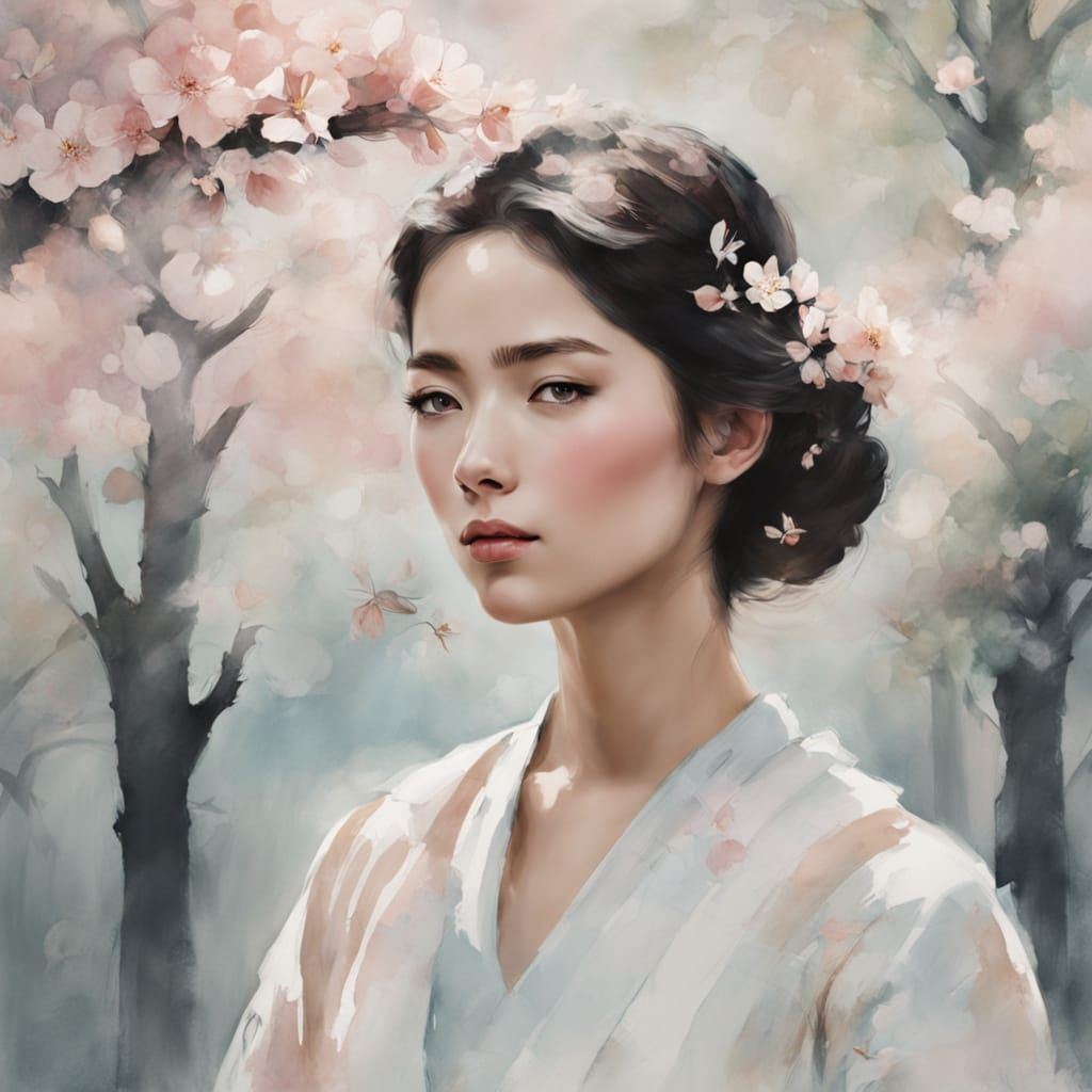 Soft Watercolor Portrait of a Woman Amidst Cherry Blossoms