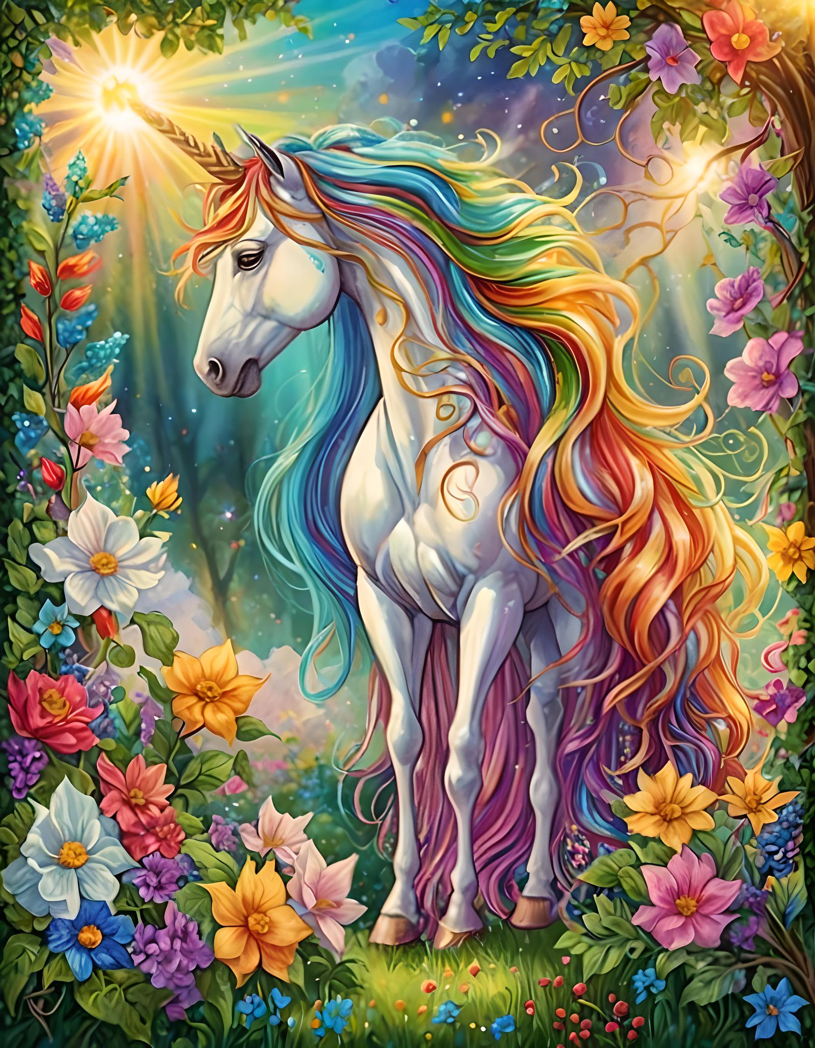 Colorful Fantasy Unicorn in a Floral Paradise