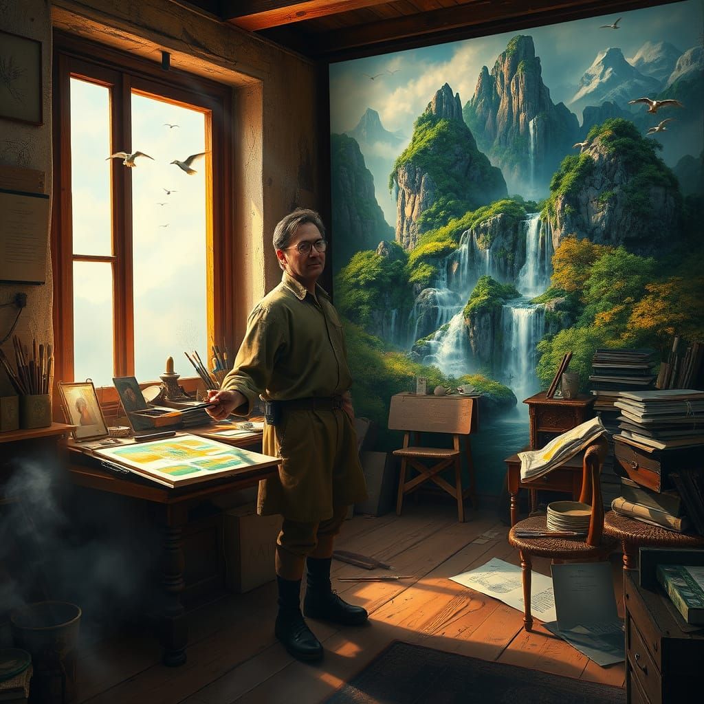 A hyper-realistic digital illustration of a bespectacled artist