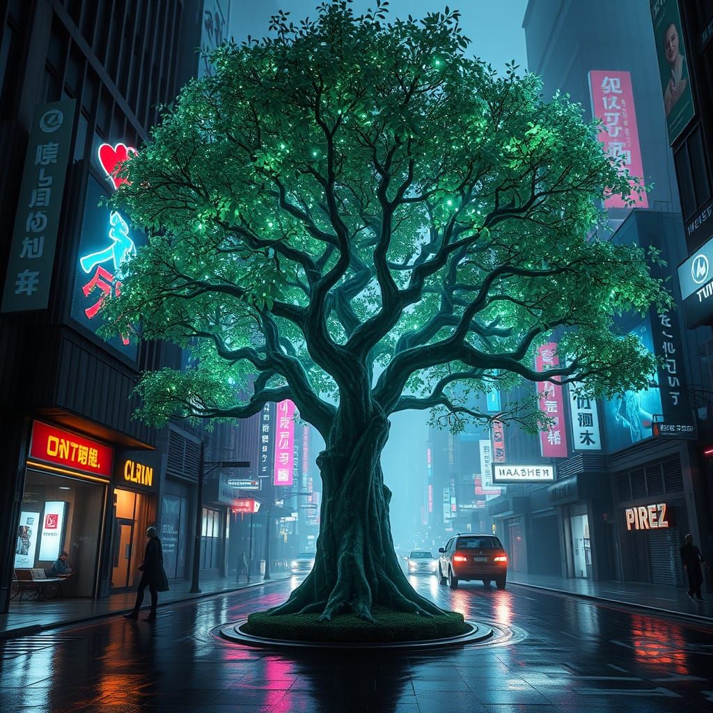 Bioluminescent Tree in Cyberpunk City: Hyperrealistic Art