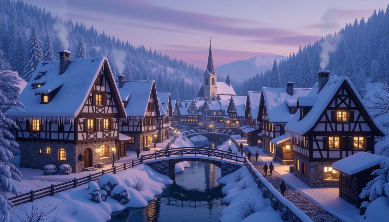 Snowy Alpine Village at Twilight, Hyper-Realistic Photograph