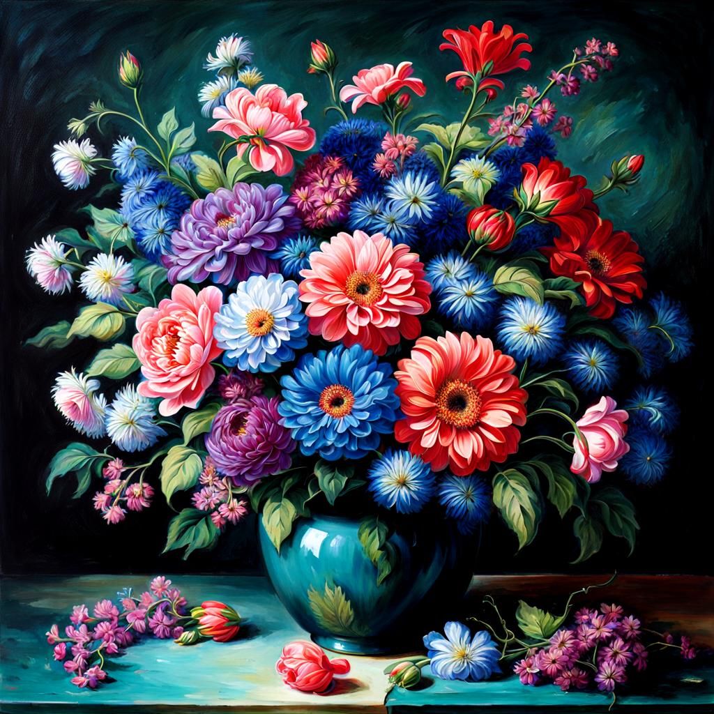 Vase Overflowing with Colorful Flowers