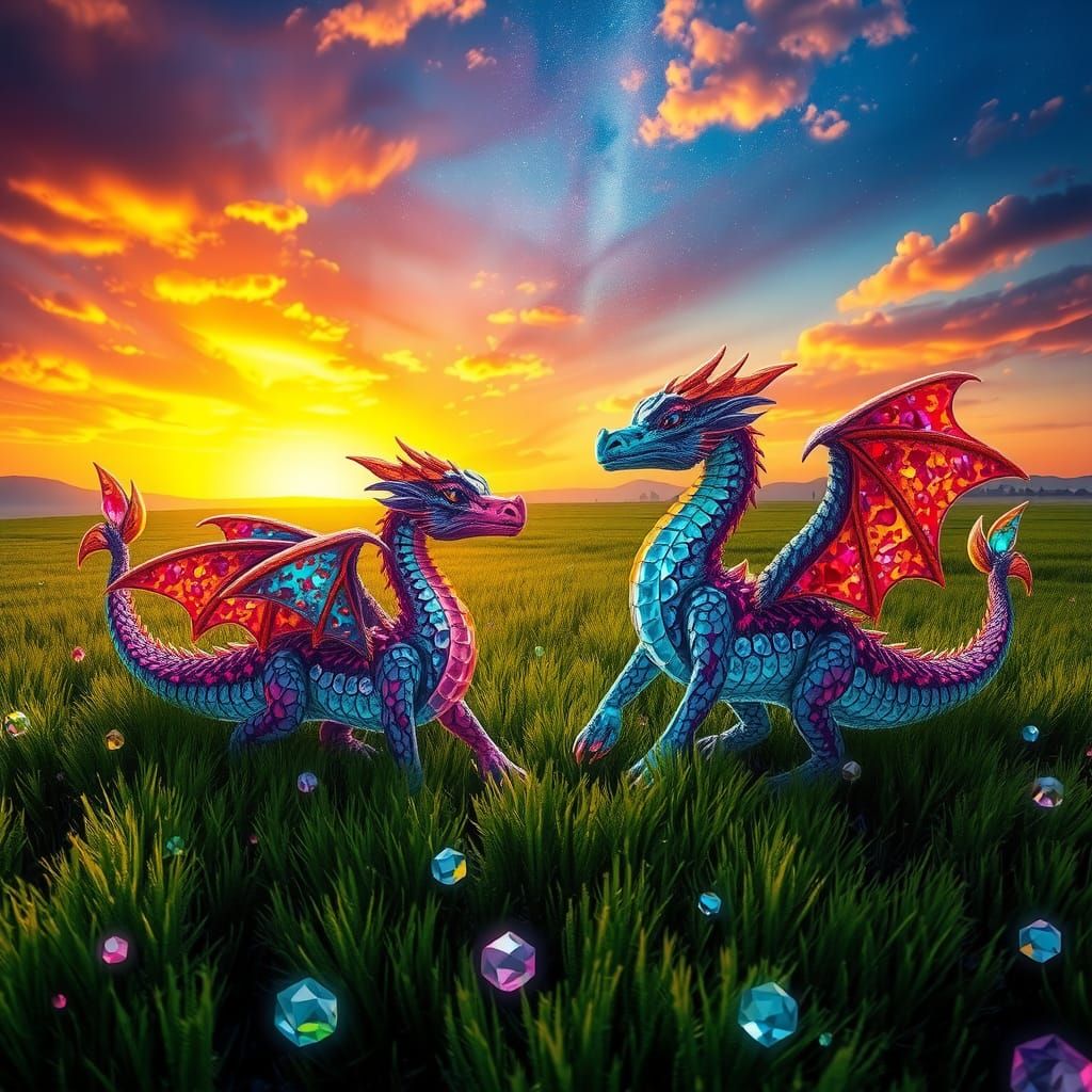 Gem Dragons Dancing in Cosmic Sunset, Graffiti Art