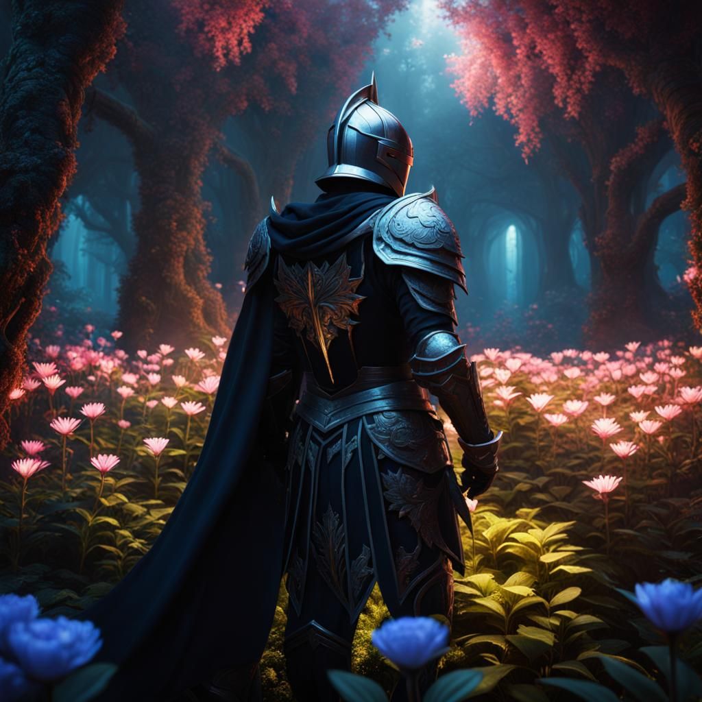 Dark Fantasy Knight in Light Flower Forest