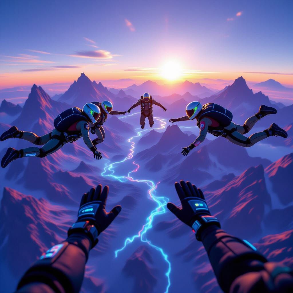 Skydivers Form Circle Above Alien Planet