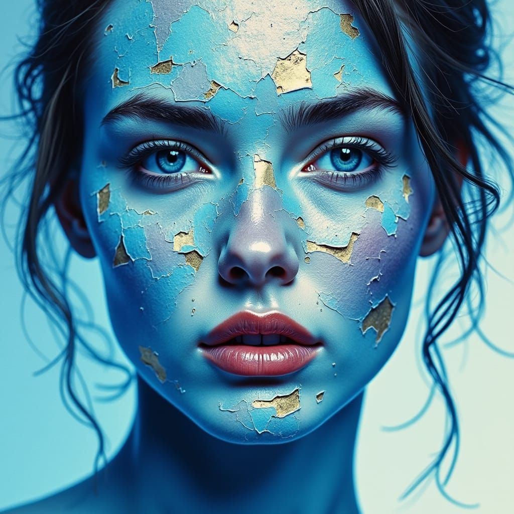 Cyan and Blue Print Collage of a Woman's Face