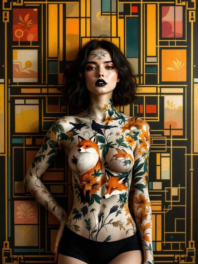 Ethereal Woman with Fox and Raven Motifs in Art Nouveau Styl...