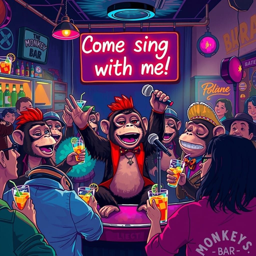 Vibrant Monkeys Gather for a Karaoke Party in a Bustling Bar