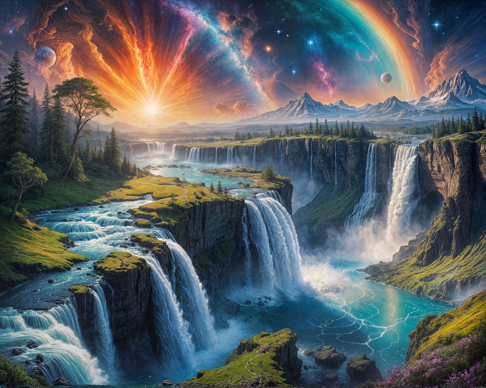 Galactic Waterfalls Cascade in Oil Painting Style