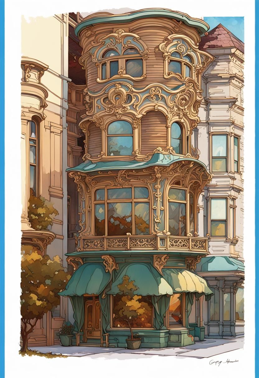 Art Nouveau Rococo Small Town at Golden Hour