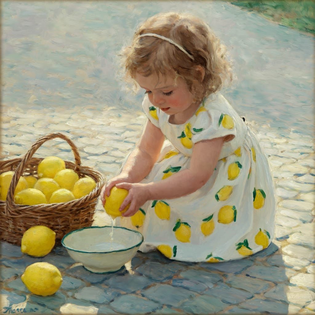 Girl with Lemon in Impressionistic Style
