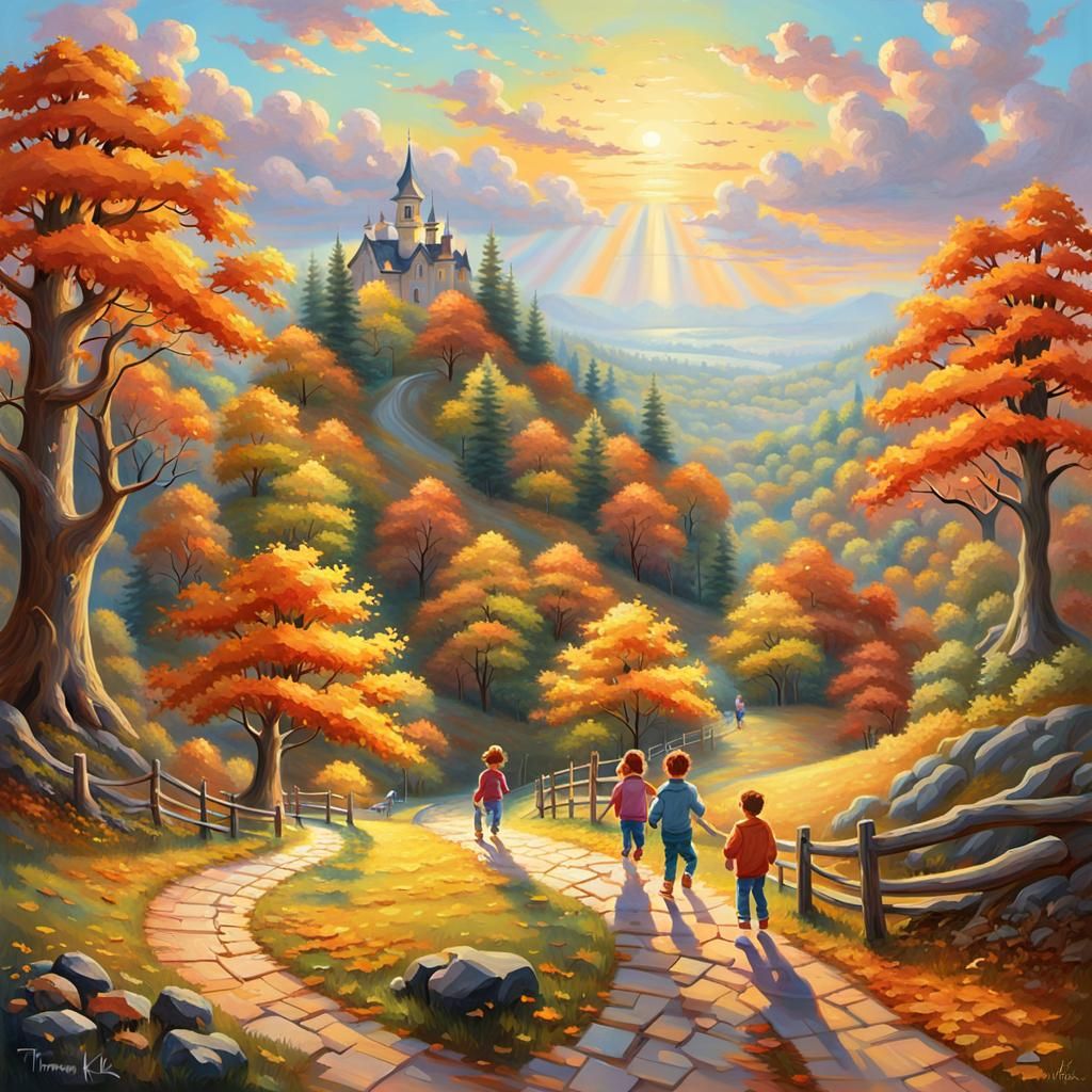 Children Playing in Magical Autumn Woods as Oil Painting