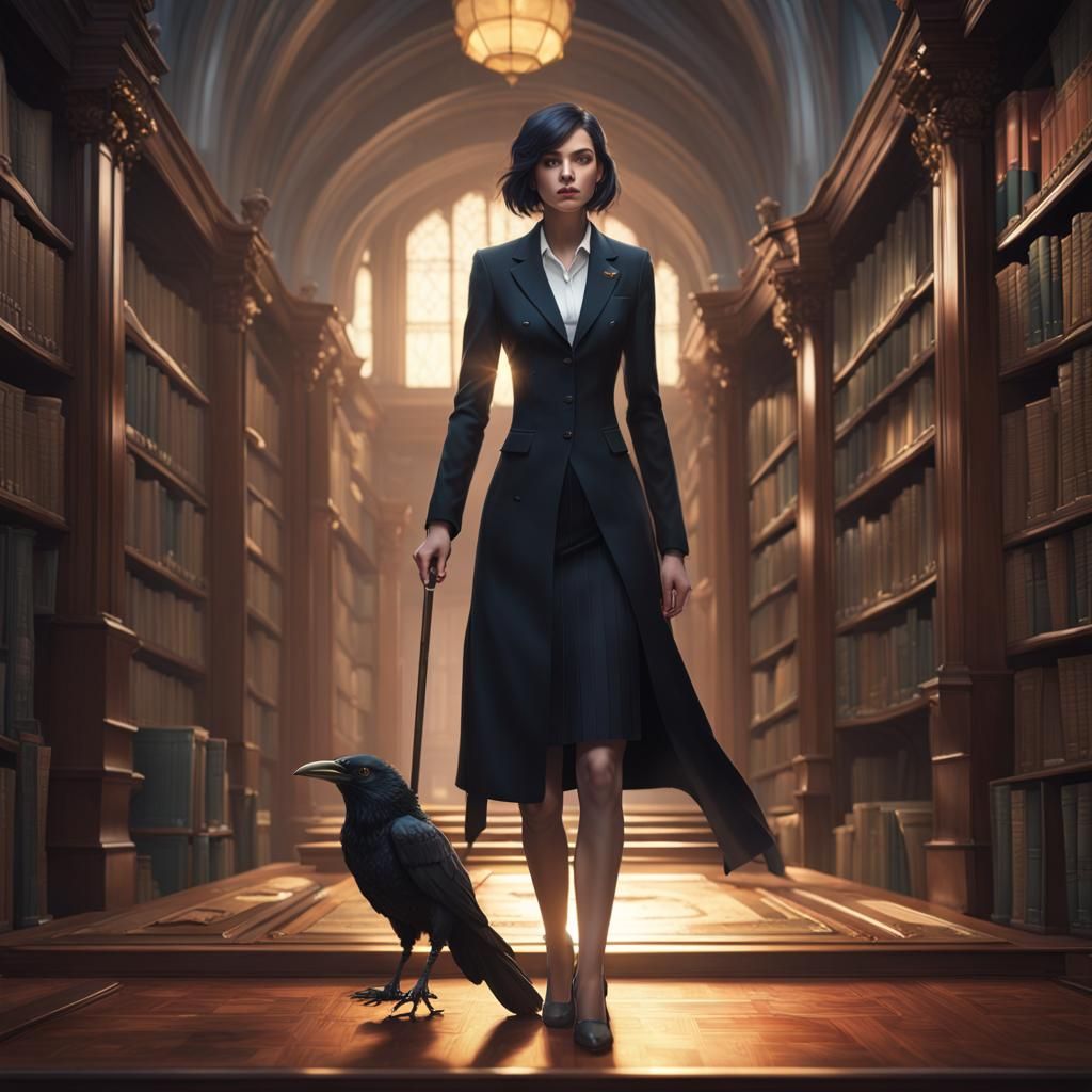 Intricate Portrait of Girl with Raven in Art Nouveau Style