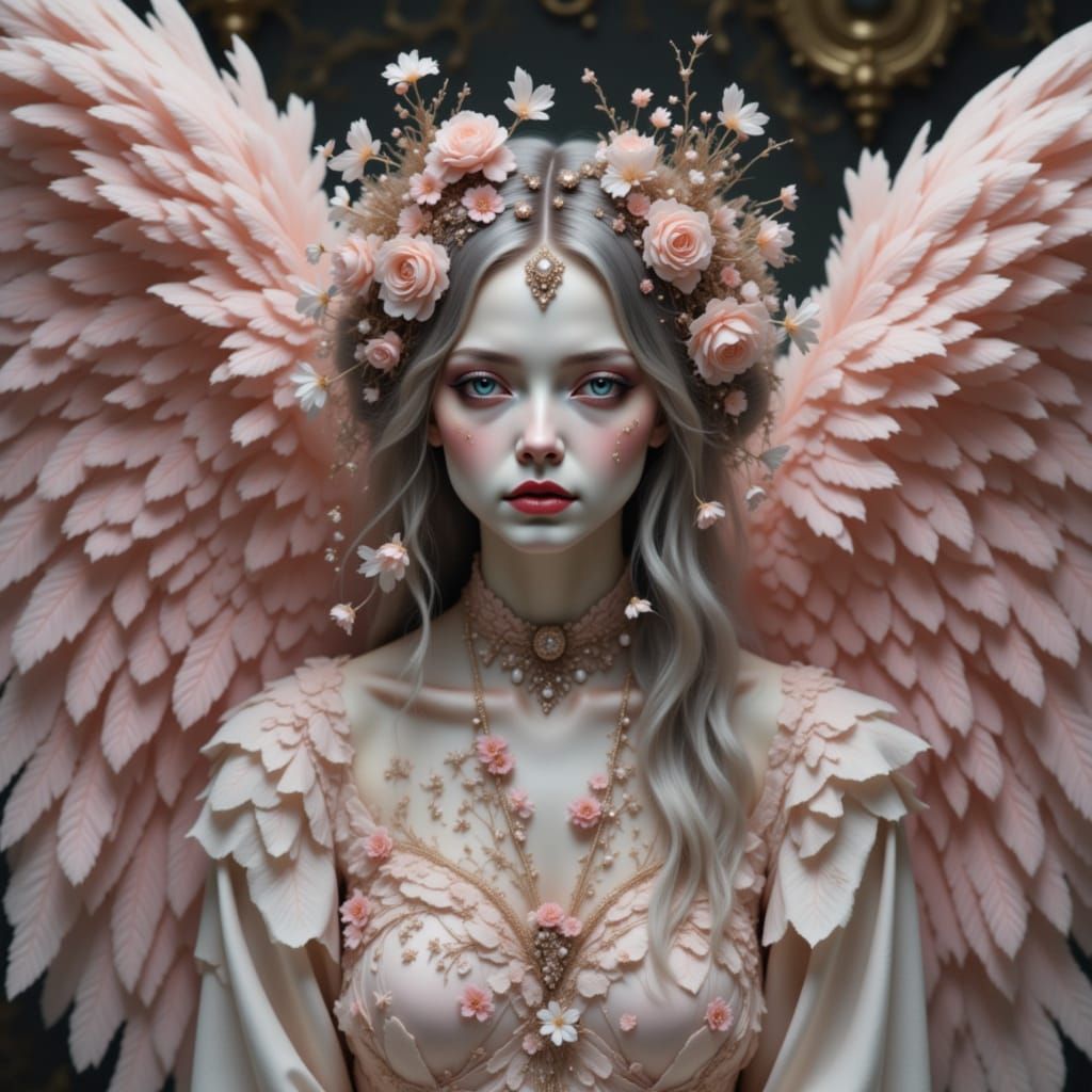 Fallen Angel with Pink Feather Wings in Morbid Kawaii Style