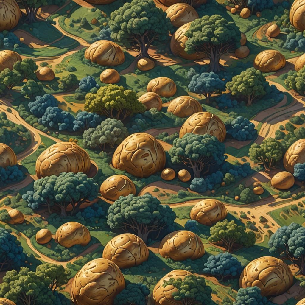 Fantastical Potato Land Concept Art in Oil Painting Style