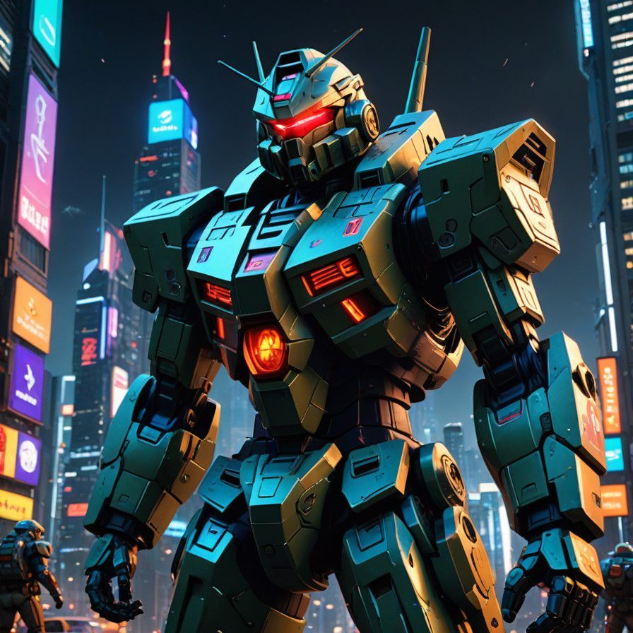 Gundam and Zaku II Stand Tall in Neon-Lit Cityscape