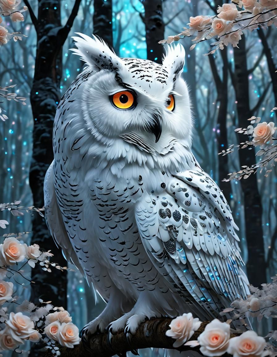 Ethereal White Owl in Misty Forest, Neon UV Lighting