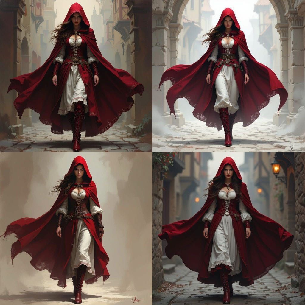 16th Century Woman in Flowing Red Cloak Steps Forward