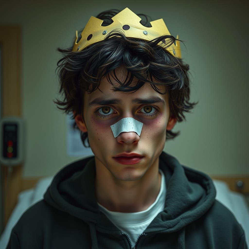 Ethereal Young Male in Hospital, Wearing Yellow Crown and Da...