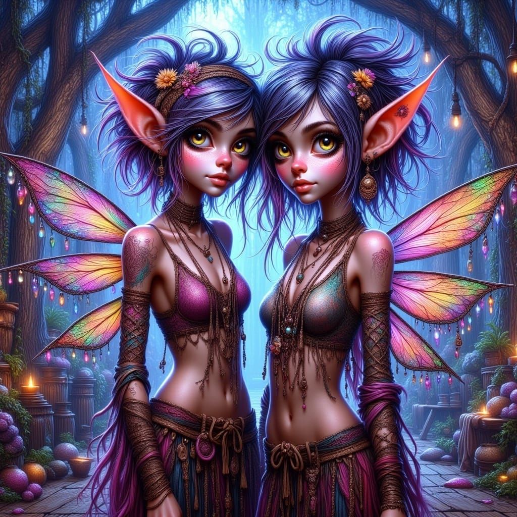 Pixie Sisters with Bioluminescent Tattoos in Fairy Forest