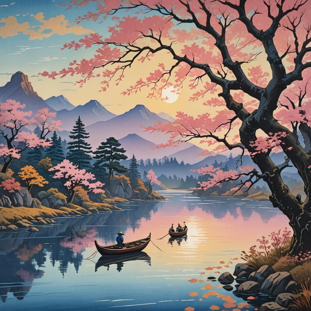 Serene River Boat: Ukiyo-e Woodblock Print