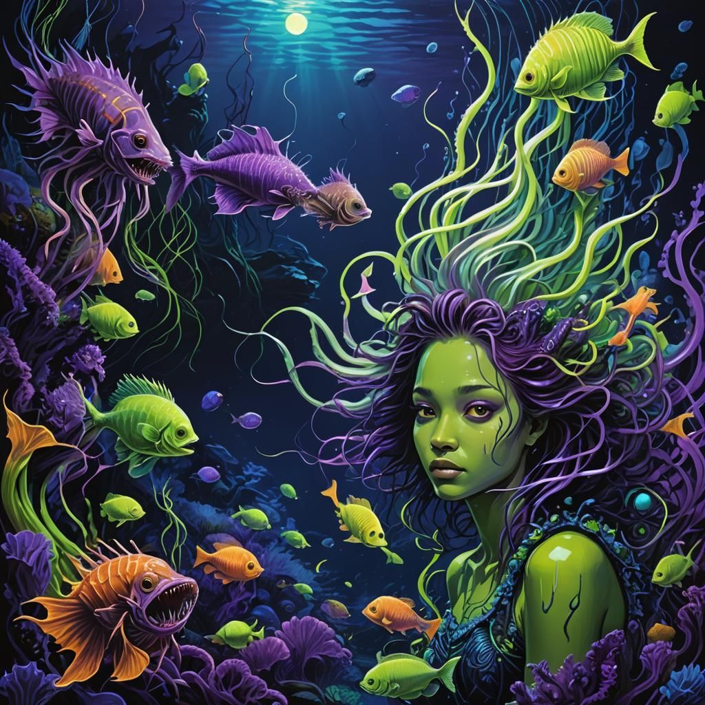 Angler Fish Mermaid in Bioluminescent Ocean