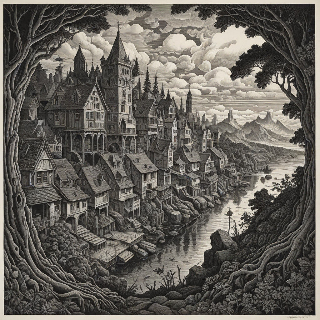 Surreal Cityscape in Escher's Signature Style