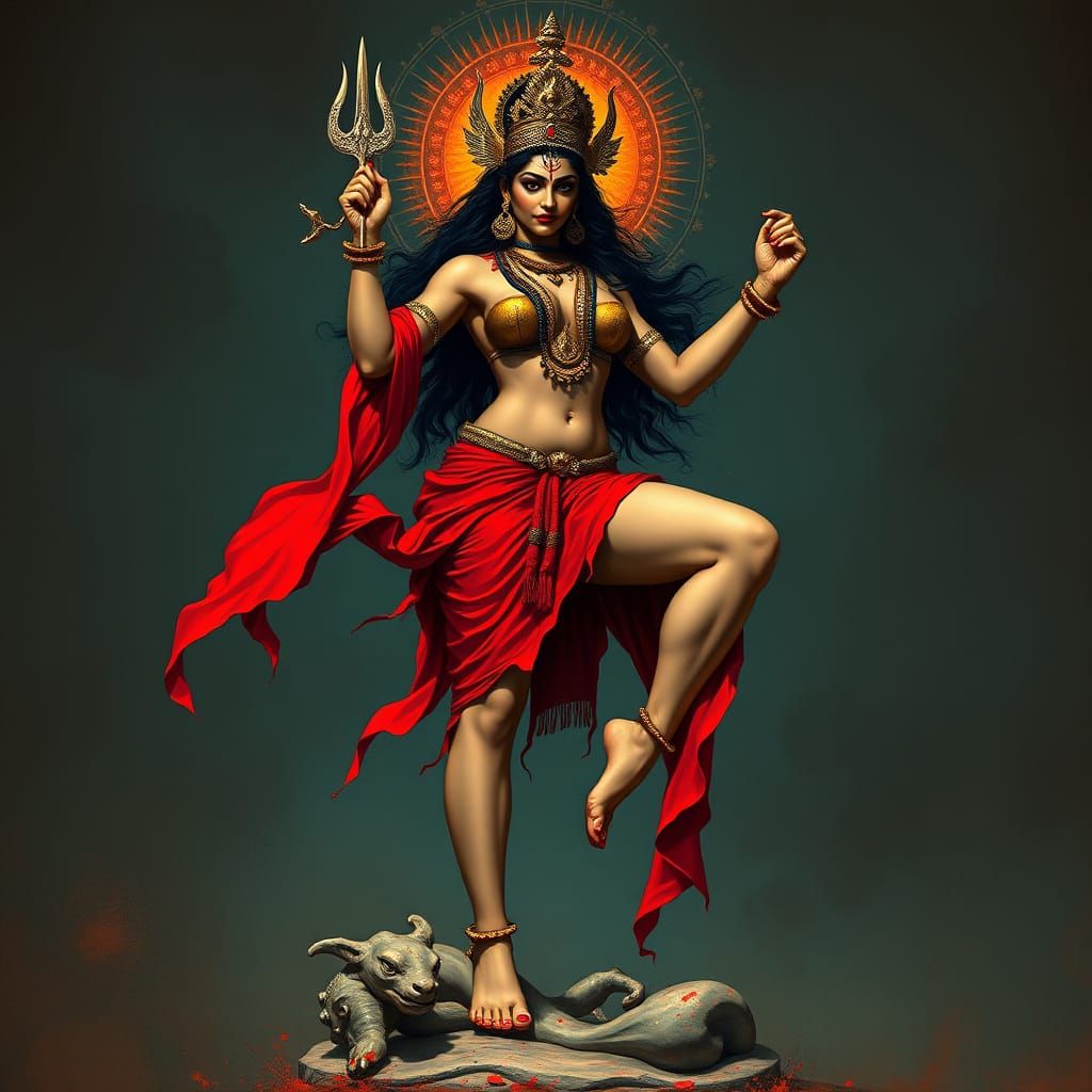 Fierce Goddess Kali in Traditional Indian Folk Art Style