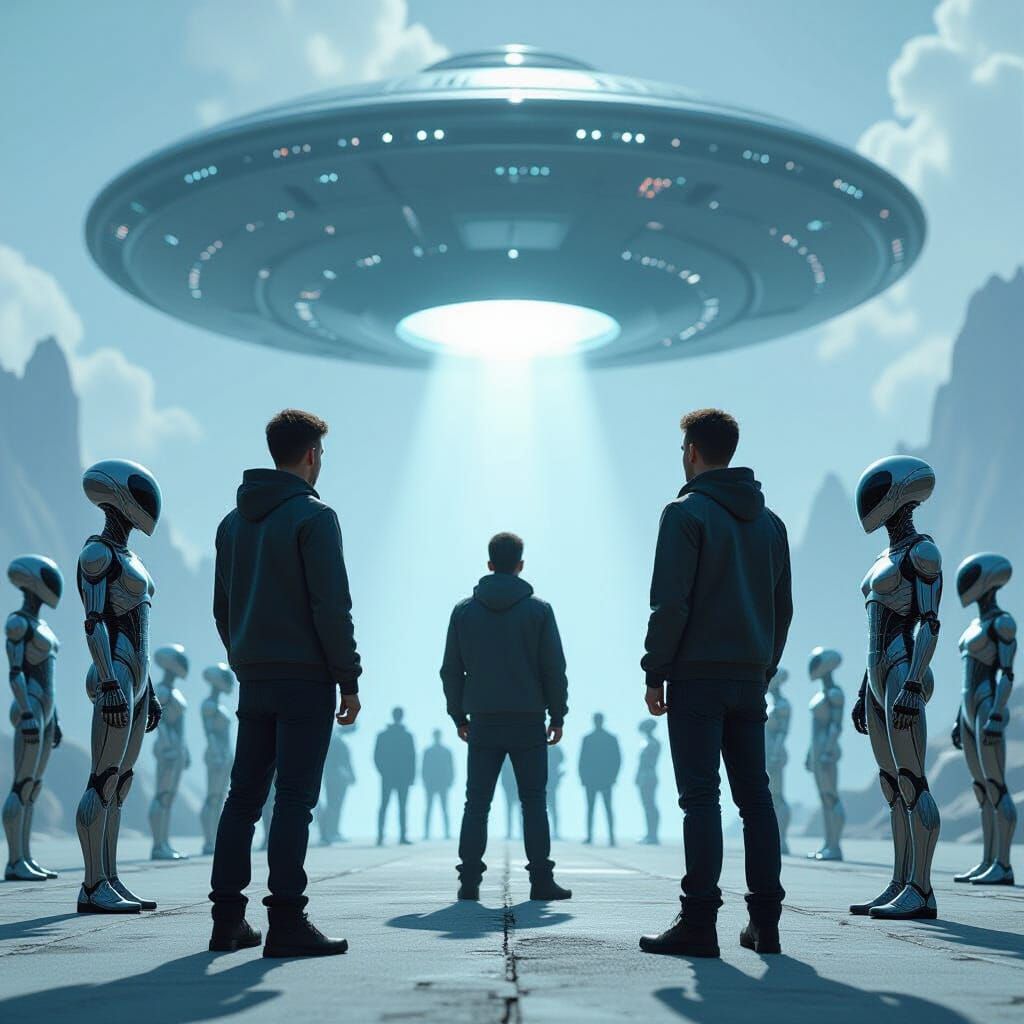 UFO Landing with Aliens: Hyperrealistic Comic Book Style