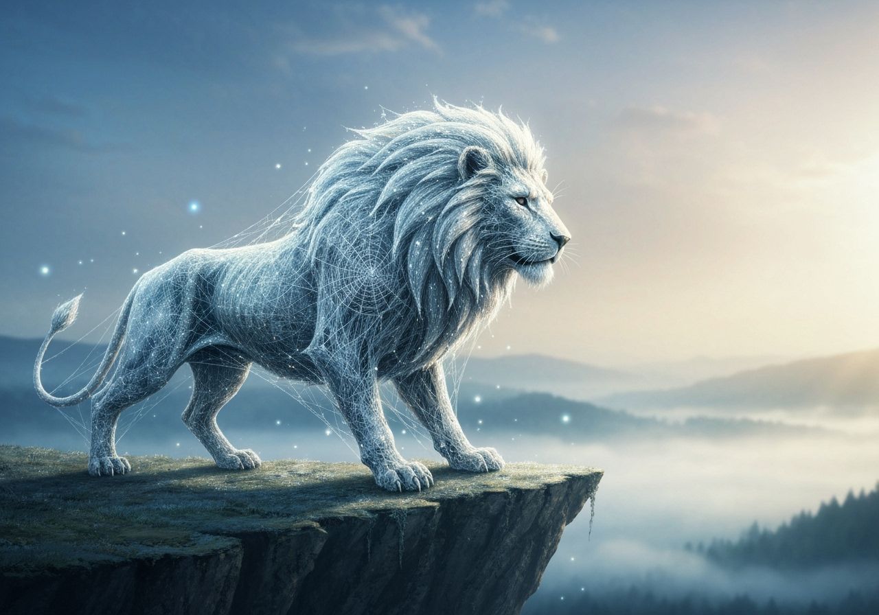 Lion Made of Spiderwebs on Cliff in Misty Valley