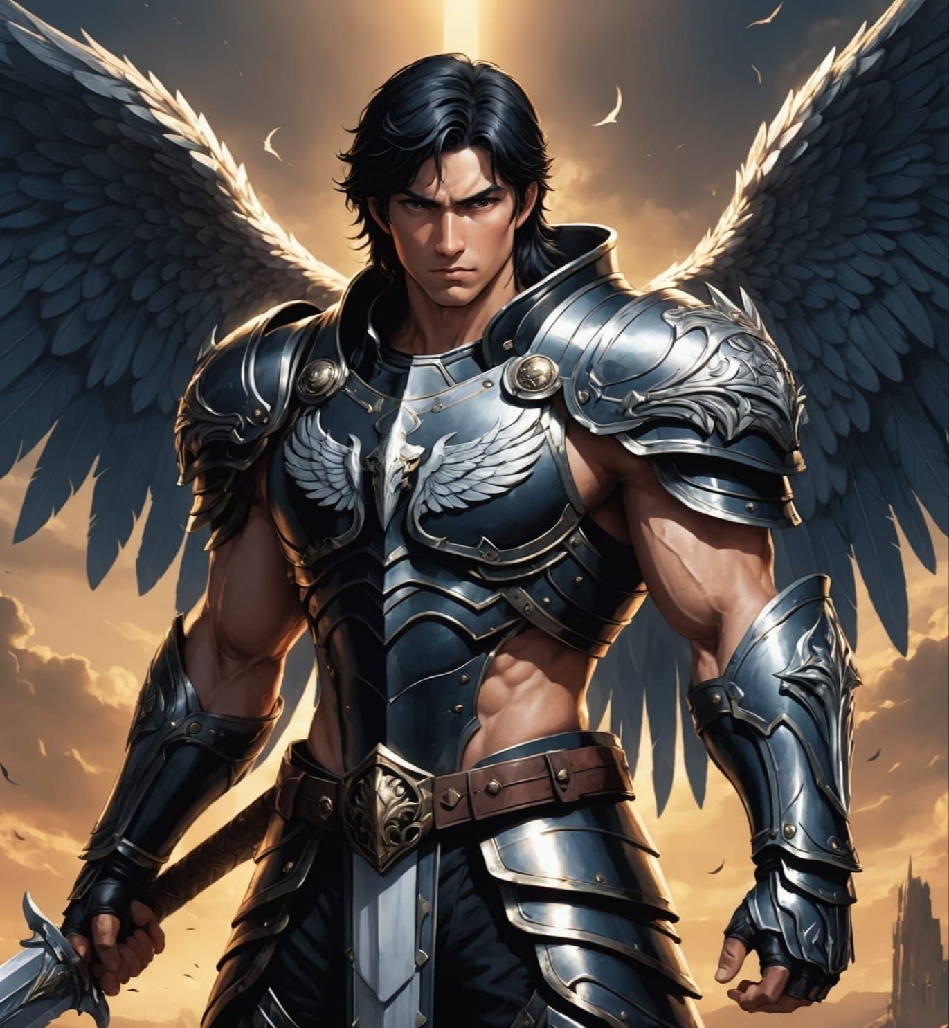 Manga-Style Hero with Angel Wings and Mace