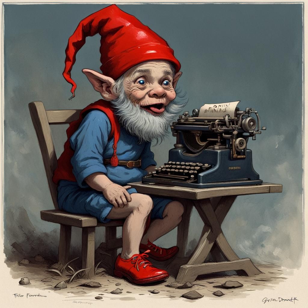 An evil little pixie gnome wearing a red cap, blue tunic and...