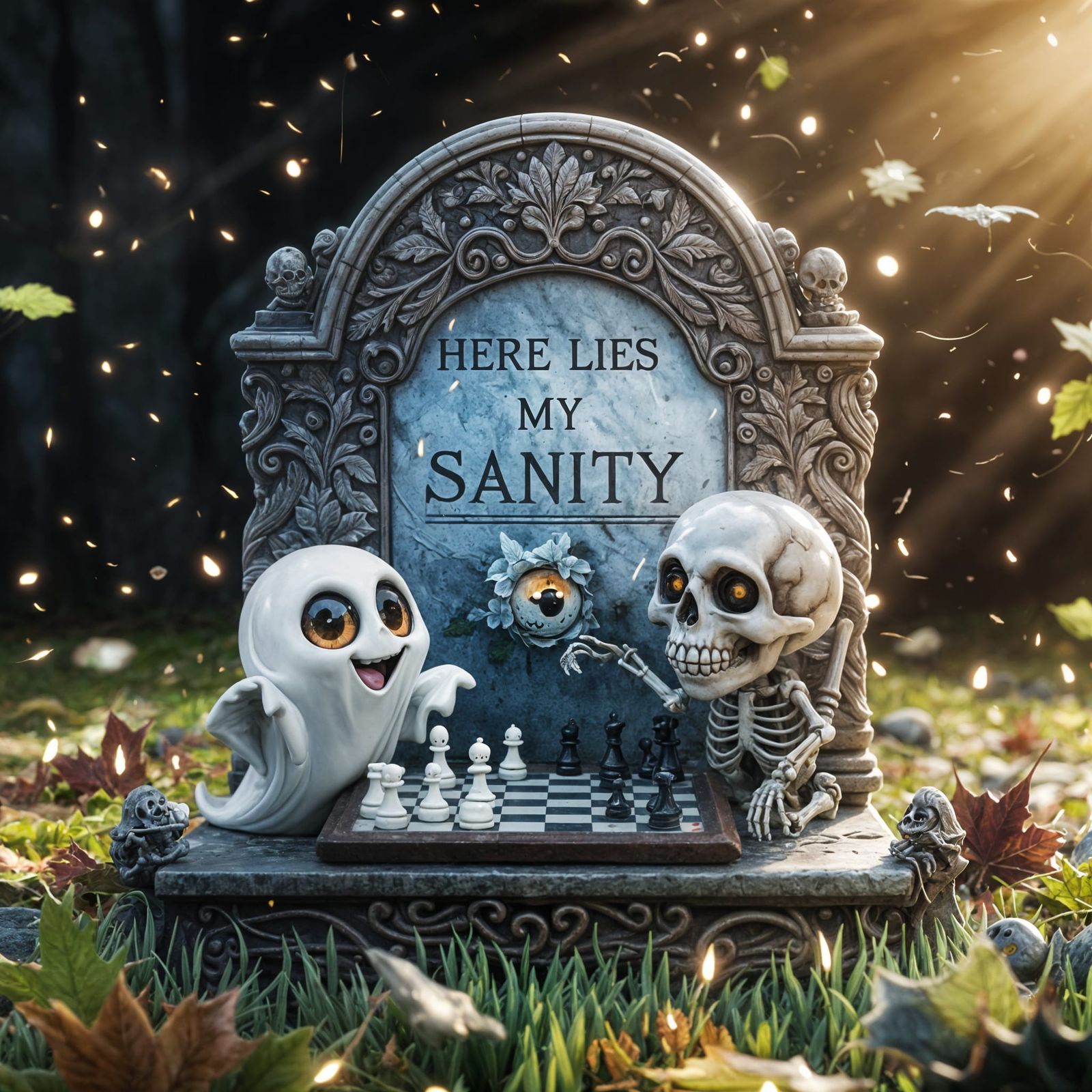 Cute Ghost and Skeleton Play Checkers
