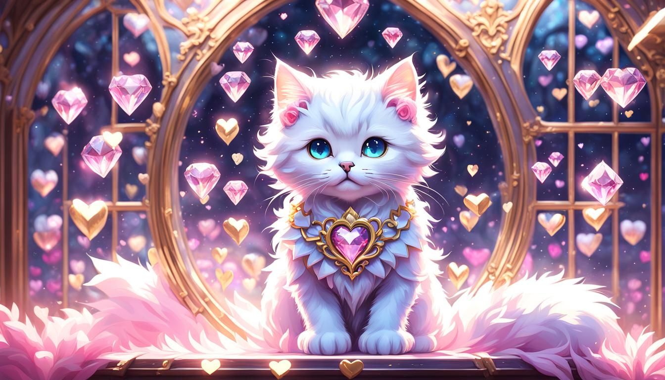 White fluffy chibi large kitten looking out baroque pink diamond window ethereal light with floating gold hearts detaile...