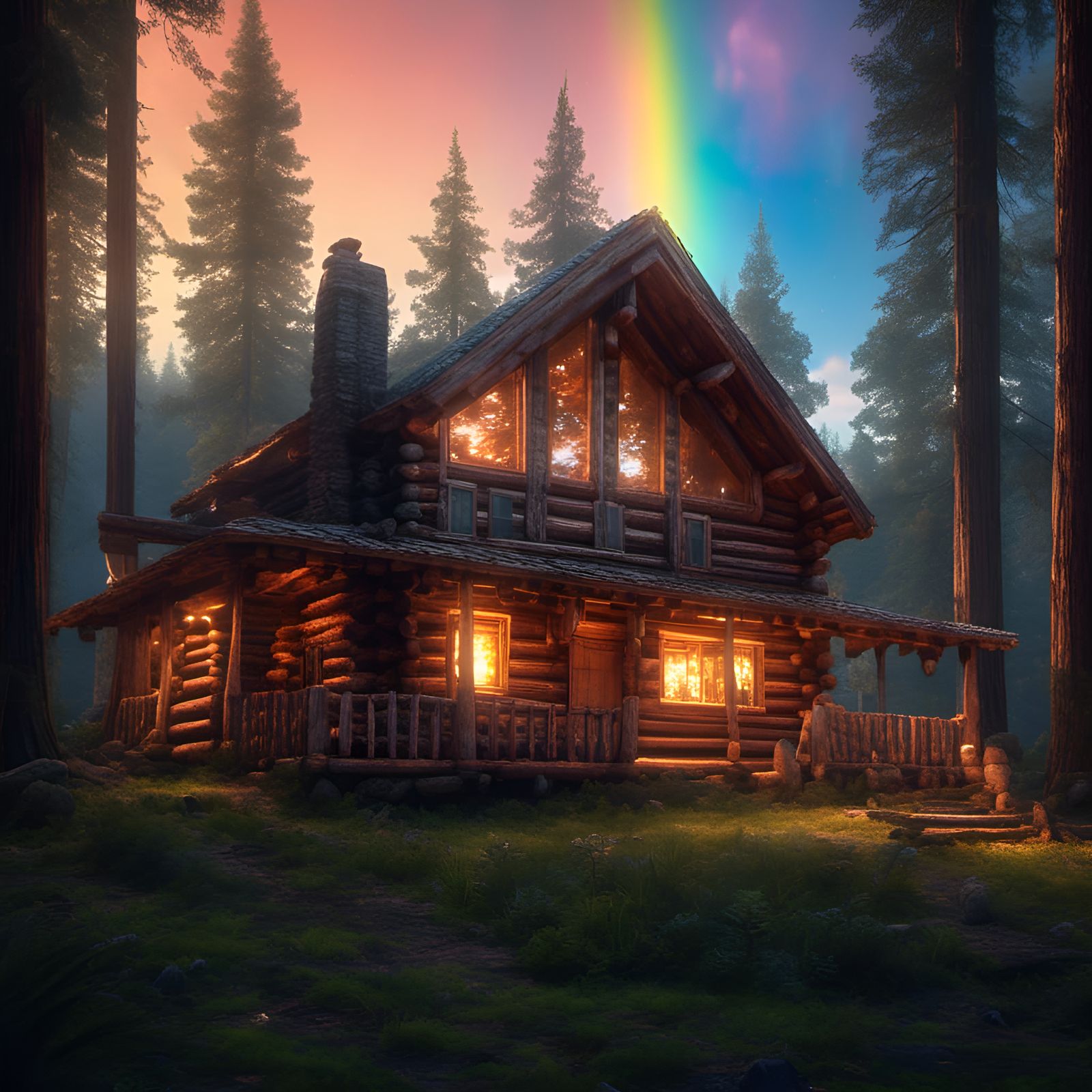 Log Cabin in Redwood Forest: Hyperrealistic Ray Tracing