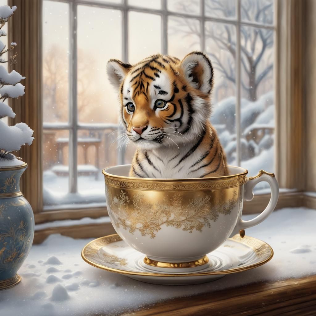 Tiger Cub in Porcelain Cup as Gouache Watercolor