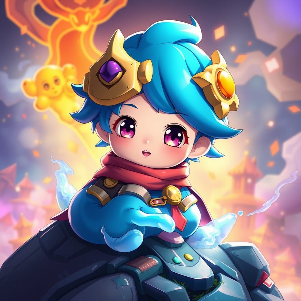 Chibi Blue Slime Hero Watches Over Fantasy Kingdom