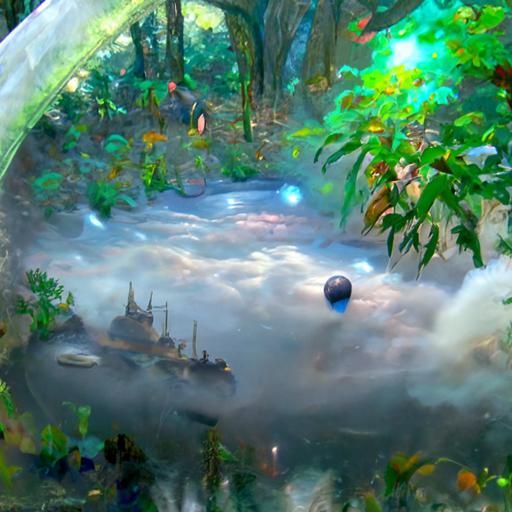 Jungle River with Floating Orbs in Ethereal Style